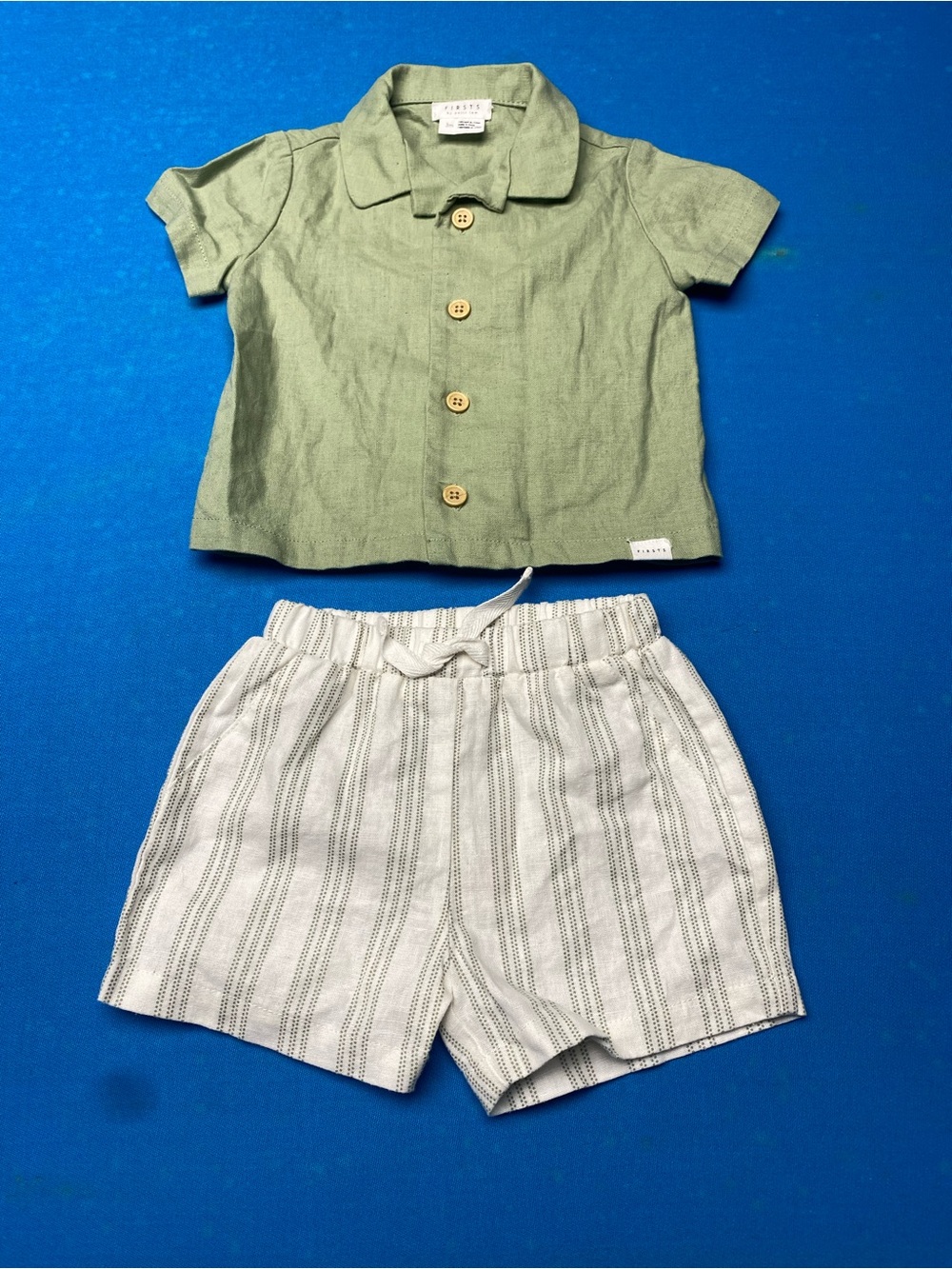 Unisex Kids Matching Set - Green Linen Shirt & Cream Striped Shorts